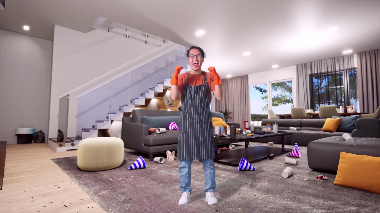 Full Body Of Happy Asian Male Housekeeper With An Apron Celebrating While Standing In House