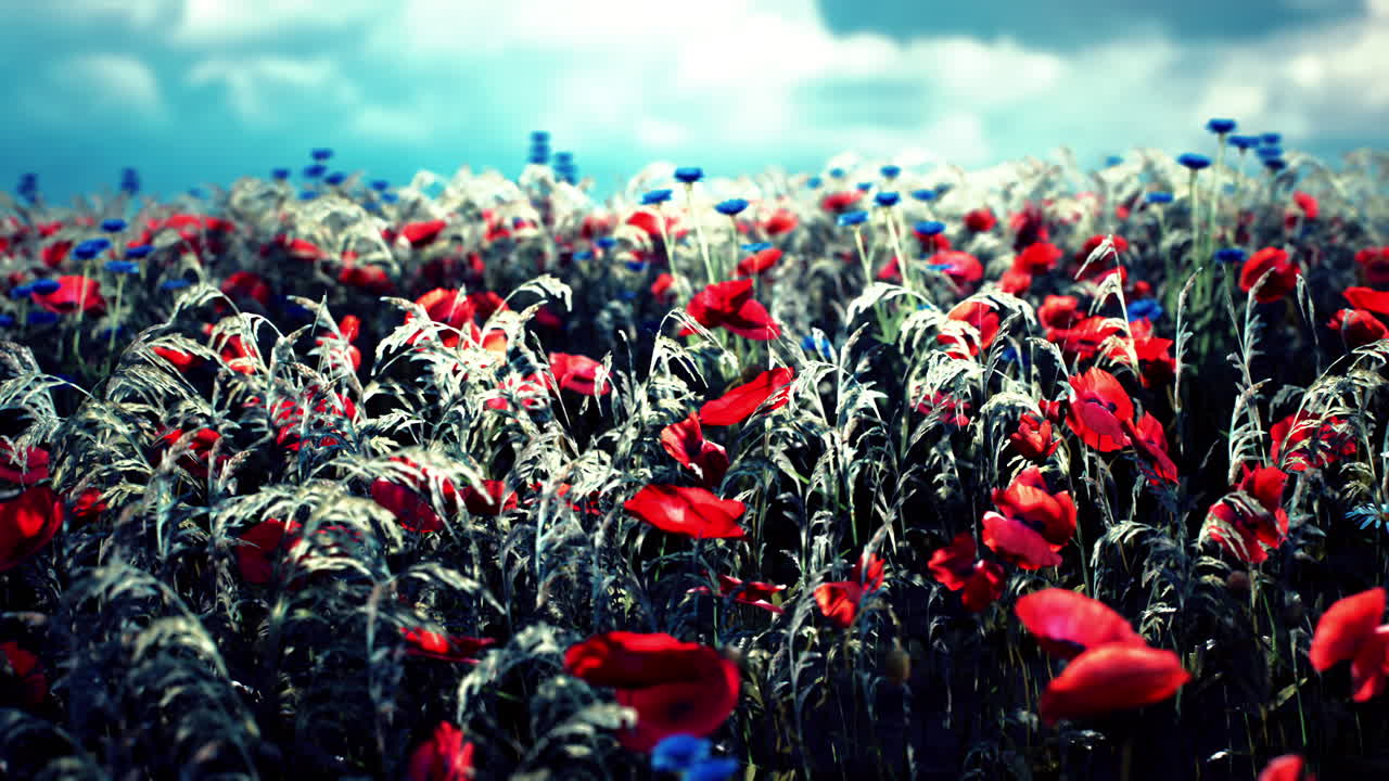 Vibrant wildflower field with red poppies and blue flowers under a cloudy sky