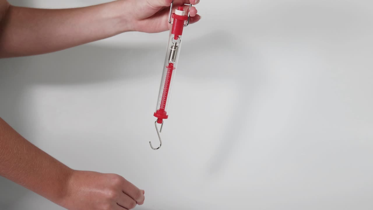 demostrando una escala de resorte de newton rojo