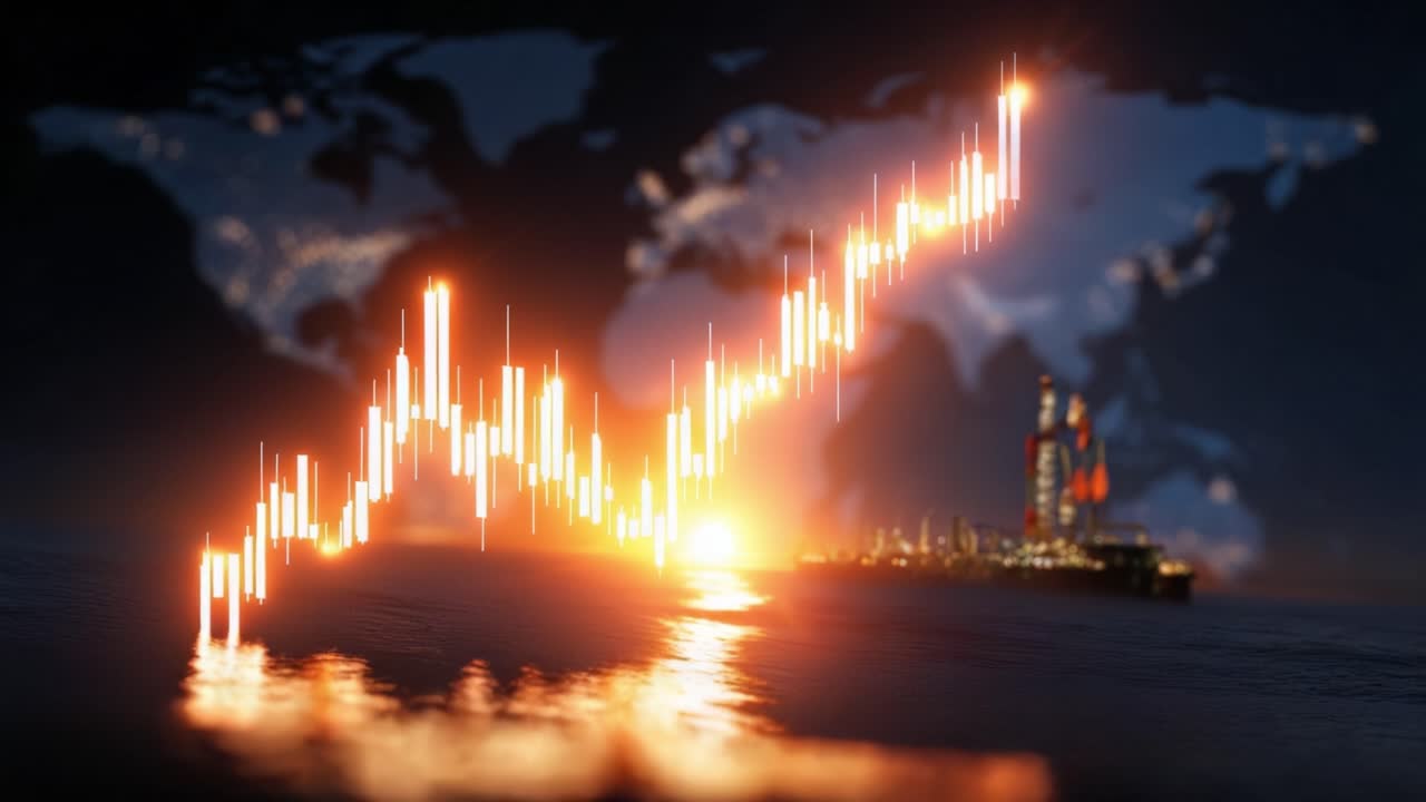 Oil rig glows at night over ocean. World map with rising financial chart overlay. Symbolizes global energy market growth. Perfect for finance, energy, or economic reports