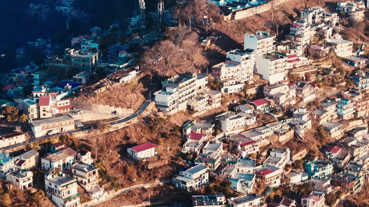 Aerial view of a hillside town in the Himalayas