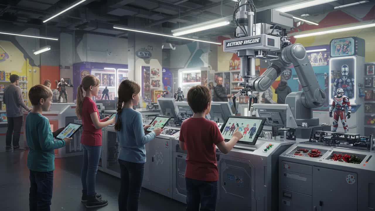 A group of children engages with an interactive robotic system in a futuristic exhibit, demonstrating advanced technology and creativity through hands-on learning experiences