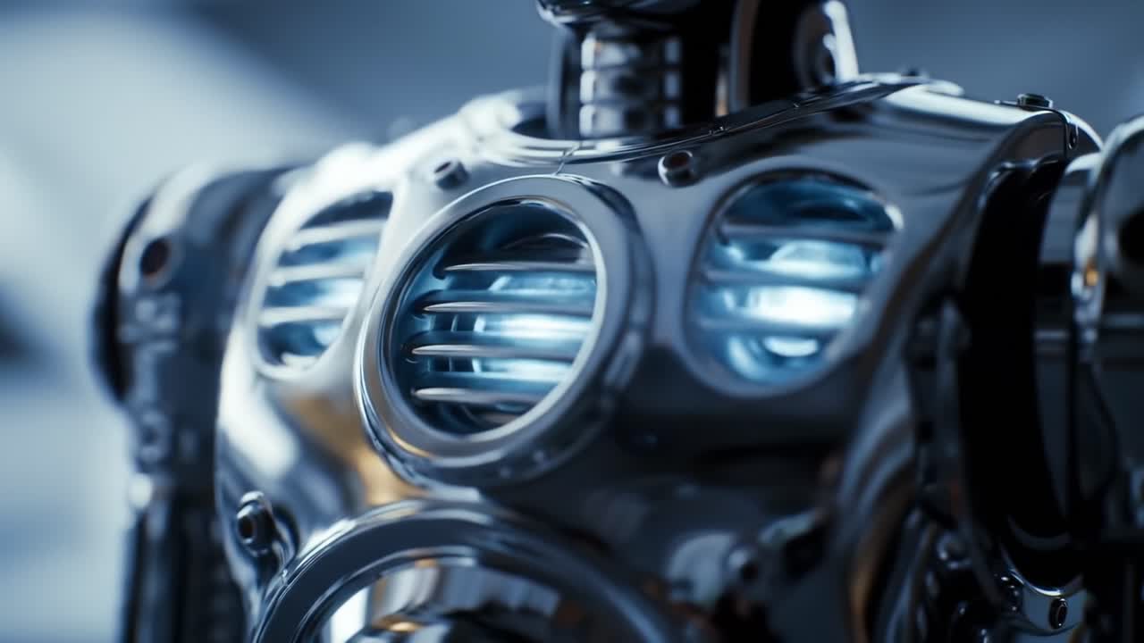 Futuristic Robot Design Showing Detailed Metallic Structure and Illuminated Features in a Close-Up Perspective, Emphasizing Technology and Innovation