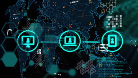 Animación-De-Procesamiento-De-Datos-E-íconos-Con-Conexiones-Sobre-El-Mapa-Mundial