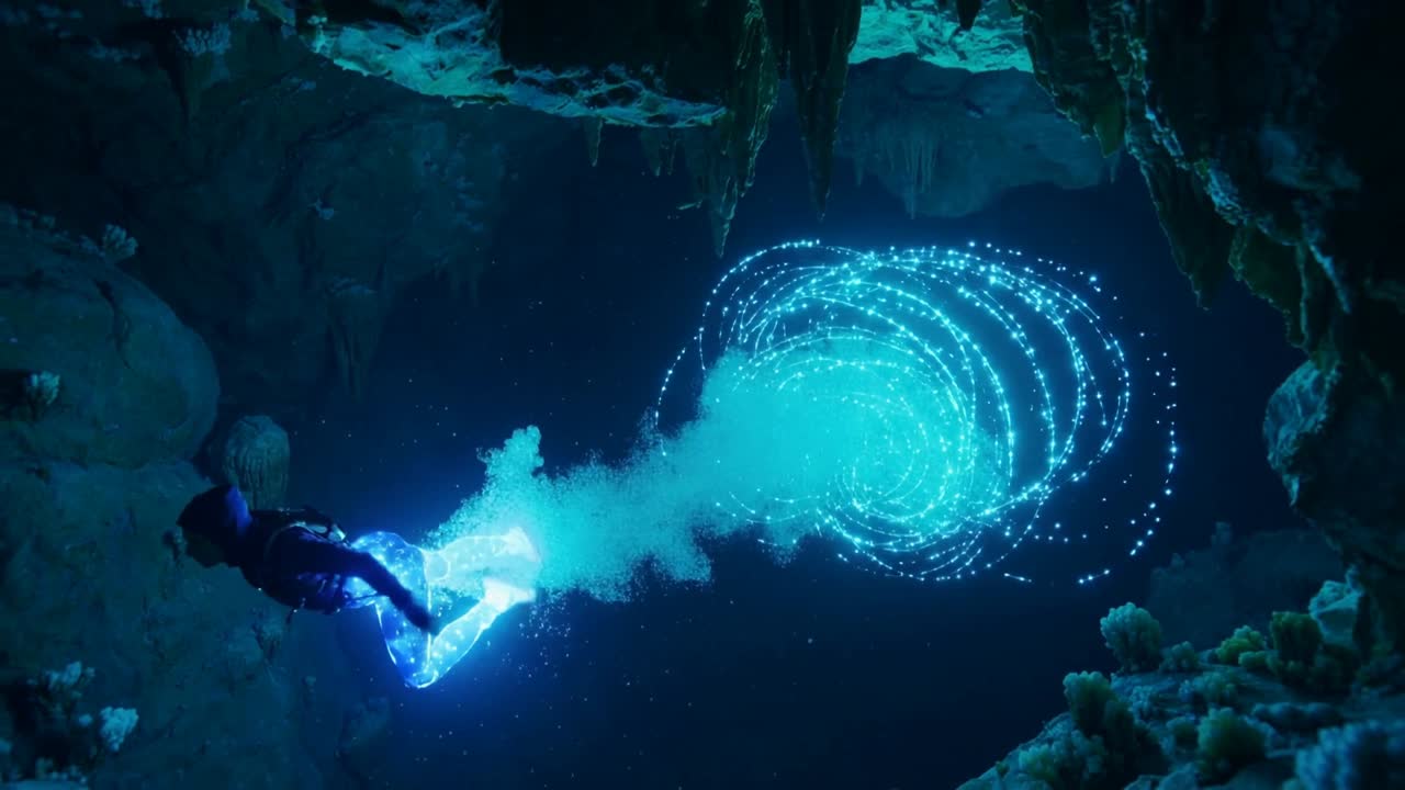 Swimming hooded diver approaching forming blue spiral in sea cave, probing with fins, copy space