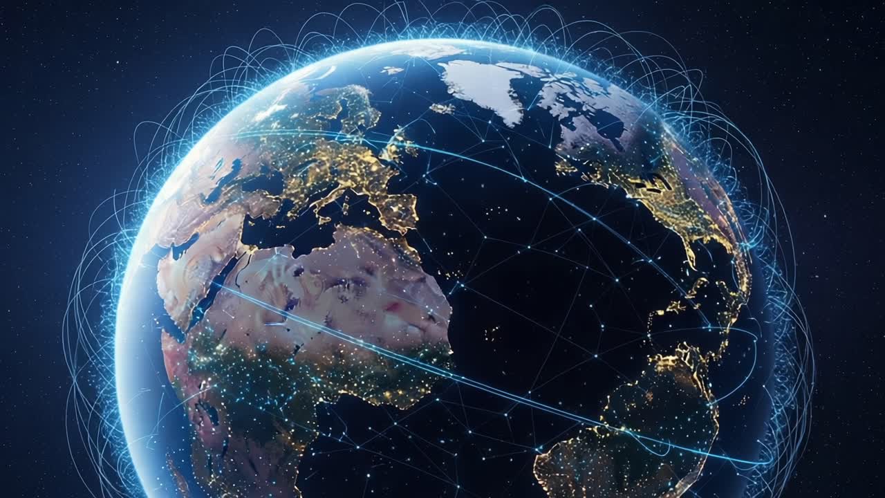 A Stunning Visualization of Earth Highlighting International Connectivity Through Modern Technology, Illuminated Cities, and Global Communication Networks