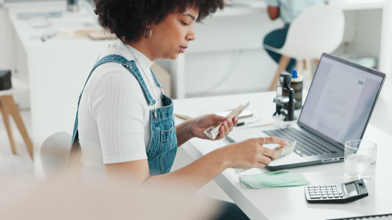 Business woman, cash and finance calculator