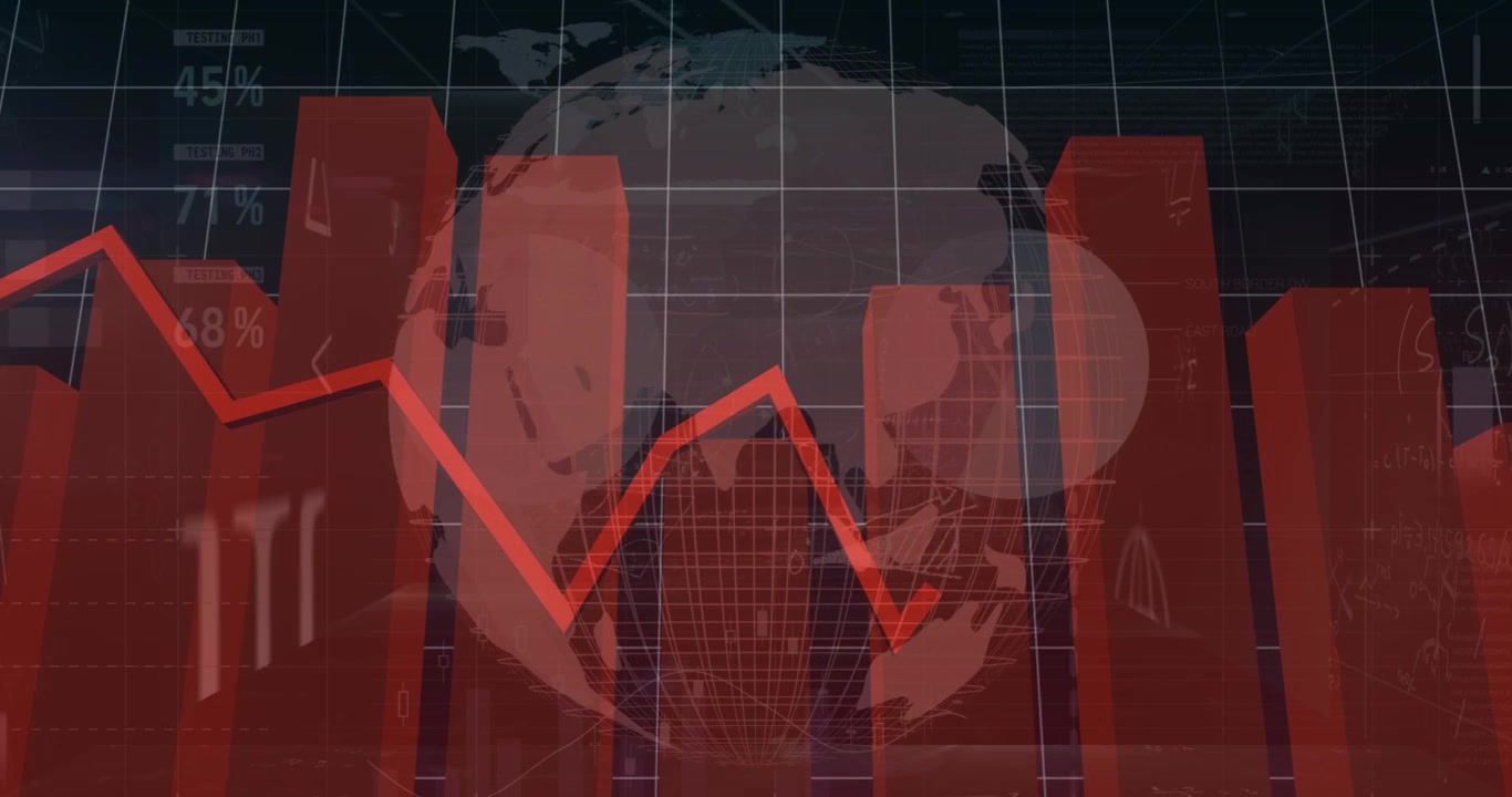 Animação de dados financeiros e gráficos sobre um globo giratório