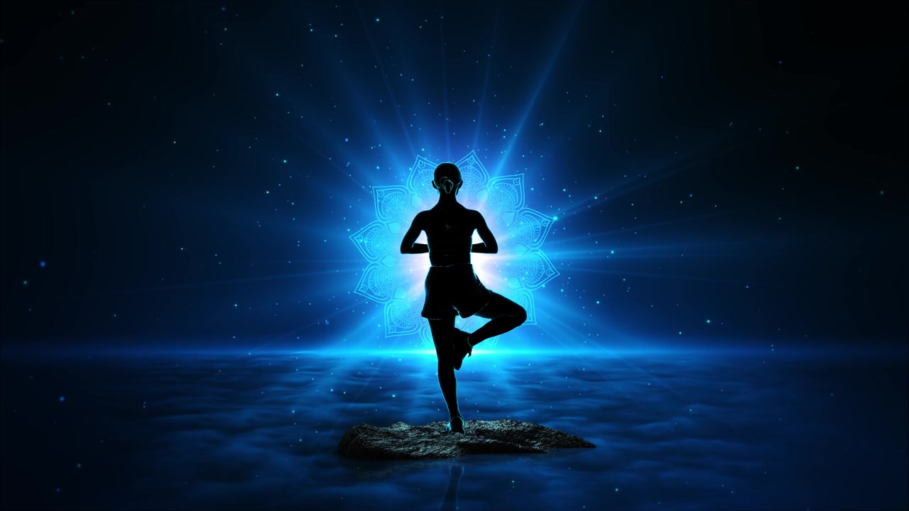 Meditazione yoga cosmica con raggi di luce e paesaggio nuvoloso, ragazza felice che pratica yoga.