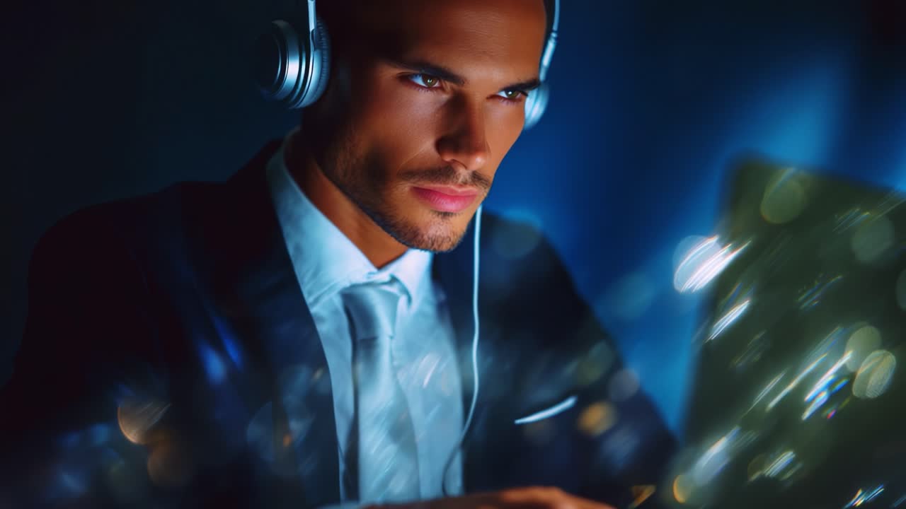 Focused Individual in Formal Attire Wearing Headphones, Engaged with Laptop, Surrounded by a Vibrant Galaxy of Light and Reflections, Capturing the Essence of Work and Concentration in a Digital Age
