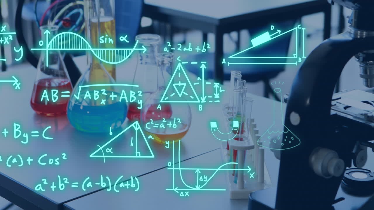 animación del procesamiento de datos científicos sobre vasos y tubos de ensayo en el laboratorio.