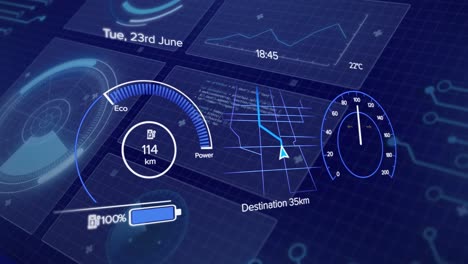 animación de la cabina del coche sobre el procesamiento de datos sobre fondo azul