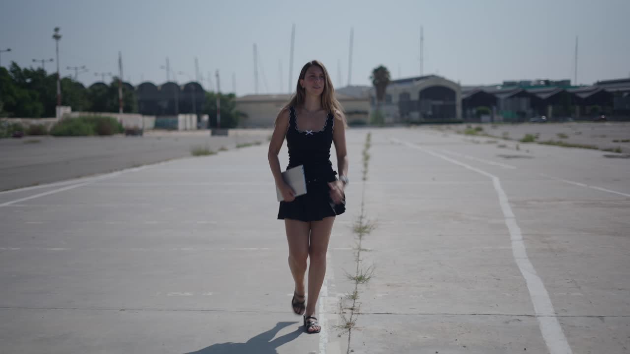 Woman walking with tablet on a street