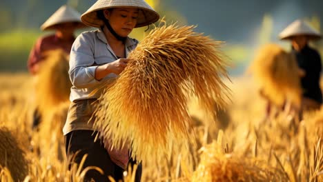 A serene video scene of farmers harvesting rice in a golden field