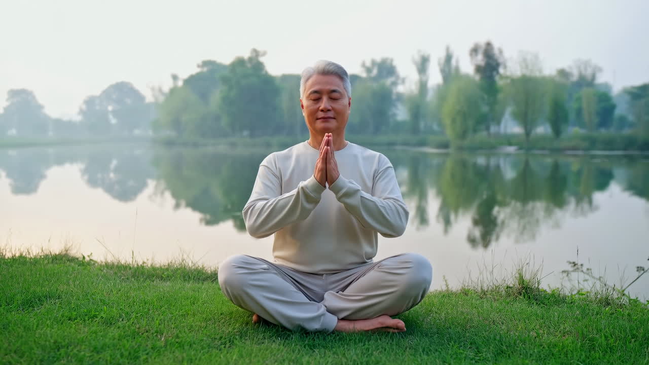 Huzurlu bir göl kenarında lotus pozisyonunda meditasyon yapan yaşlı Asyalı adam