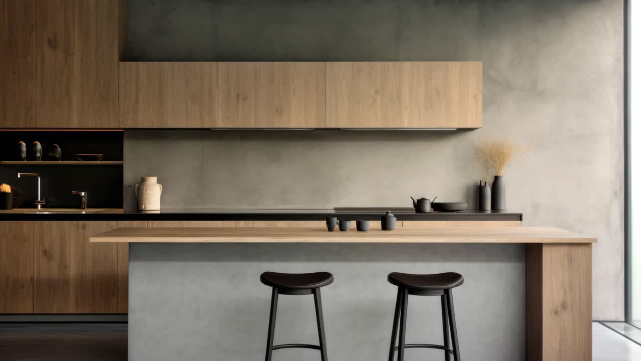 Cucina moderna con design minimalista, ripresa da un grandangolo