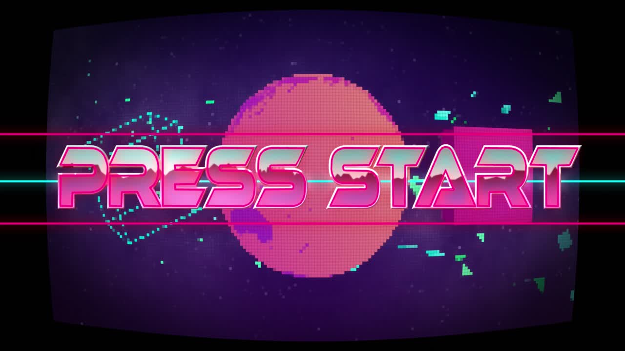 Animation of press start over shapes and grid on screen