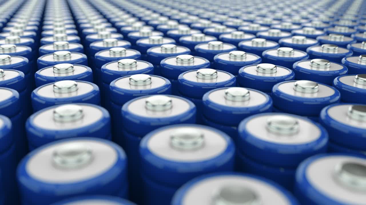 Batteriefeld. Stromtransport. Loop-Video. Konzept der Stromspeicherung und -akkumulation. Konzept der grünen Energie.