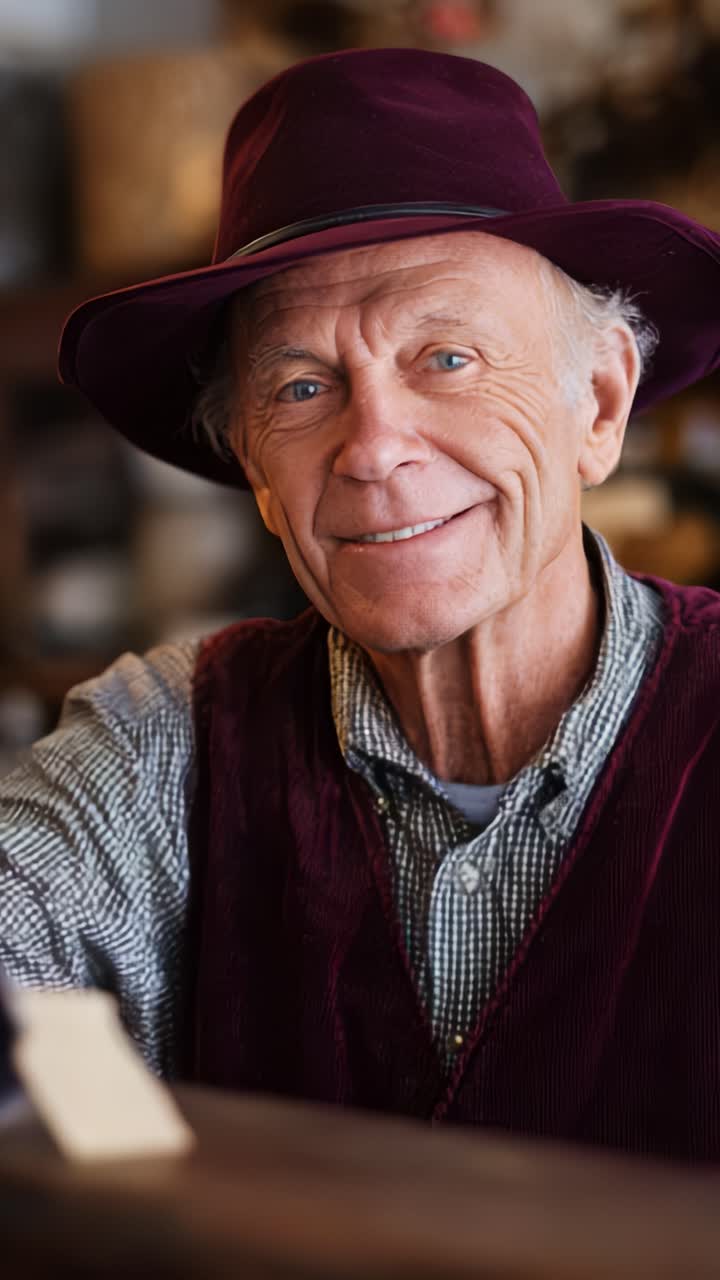 Un affascinante uomo anziano con un cappello e un gilet viola sorride calorosamente, mostrando un momento sincero catturato in un ambiente rustico, incarnando gioia e connessione con lo spettatore