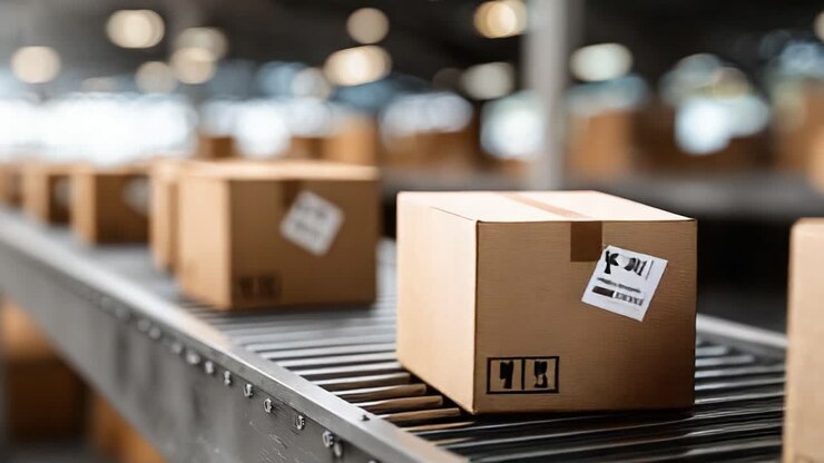A Series of Cardboard Boxes on a Conveyor Belt: Exploring Efficient Packaging and Industrial Logistics in a Warehouse Environment