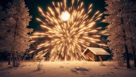 a serene winter night transformed by explosive fireworks over a cozy cabin amidst snow-laden trees, creating a magical atmosphere of joy and celebration