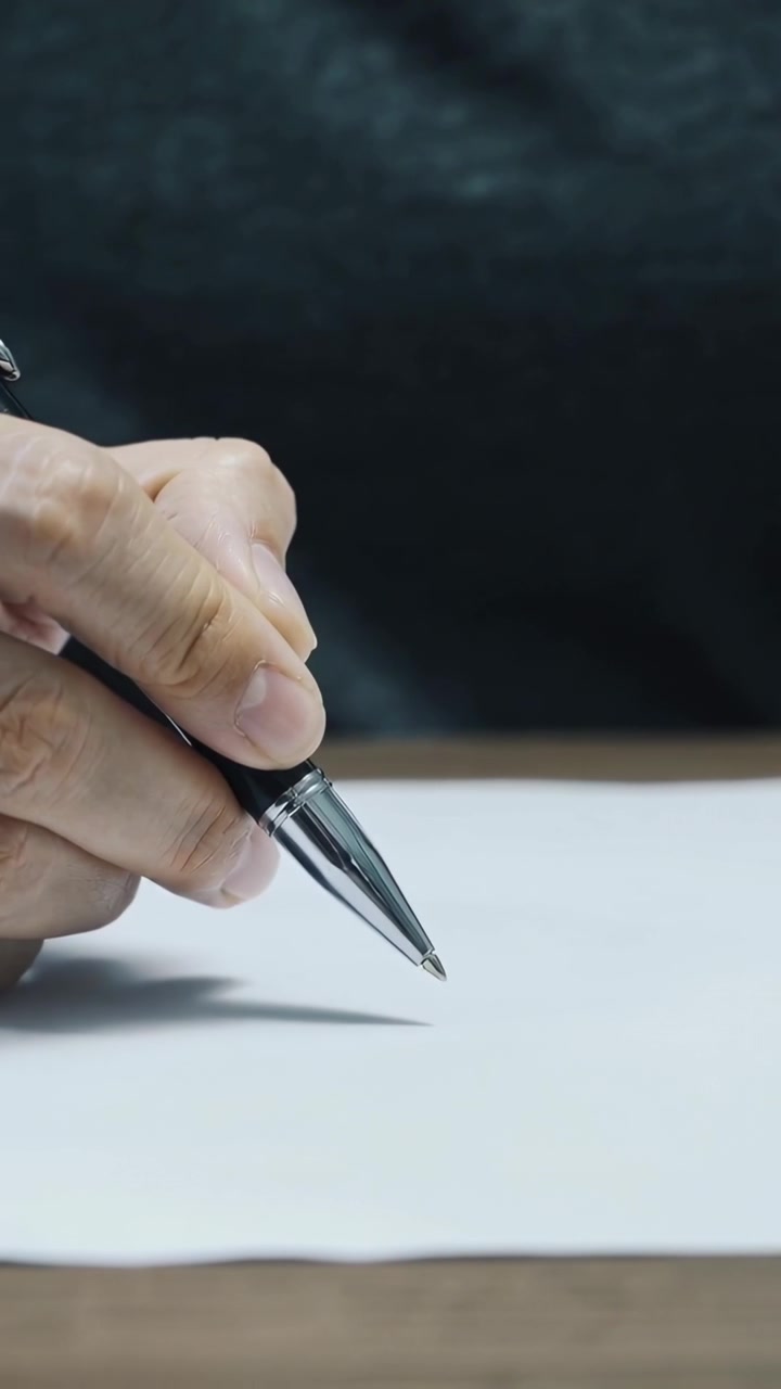Video verticale: Mano destra che si abbassa con una penna alla scrivania, afferrando un foglio, preparandosi a scrivere, con una maglietta scura.