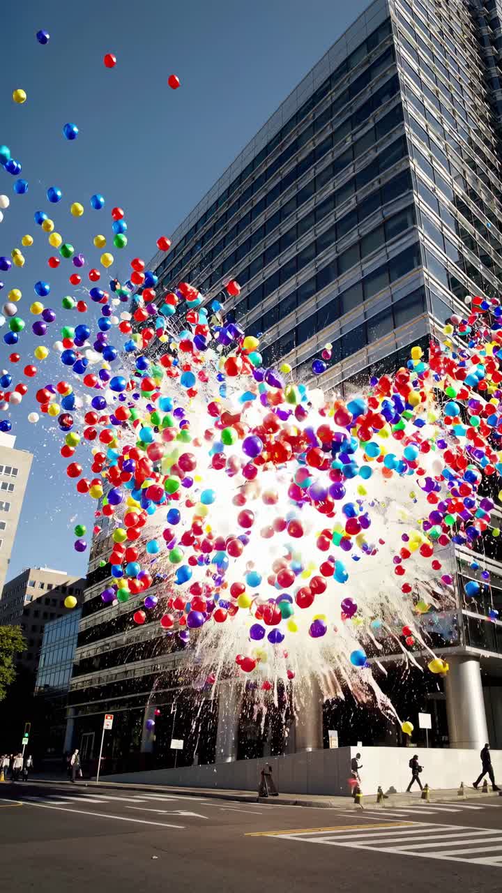 Many colorful balloons exploding in the city center near a modern skyscraper, creating a vibrant and festive atmosphere with pedestrians walking nearby