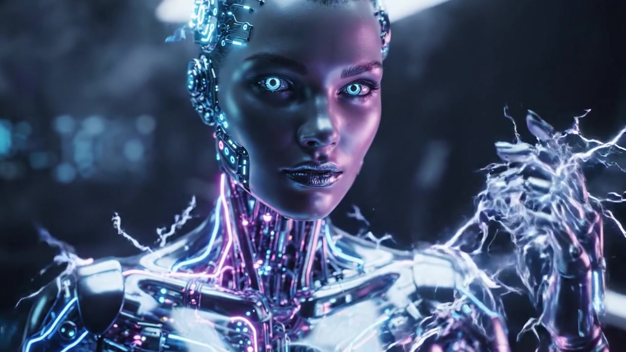 A Mesmerizing Journey into the Future: A Stunning Robotic Figure with Dynamic Circuits and Electric Energy Captivating the Viewer in a Sci-Fi Setting
