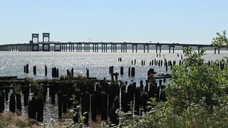 youngs bay facing bridge wide angel old wooden boat ramp pylons sunny summer day wide angle