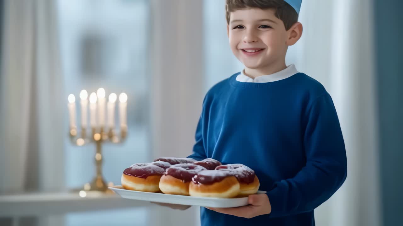 At home during Hanukkah, a jewish boy holding a tray of donuts with strawberry jam