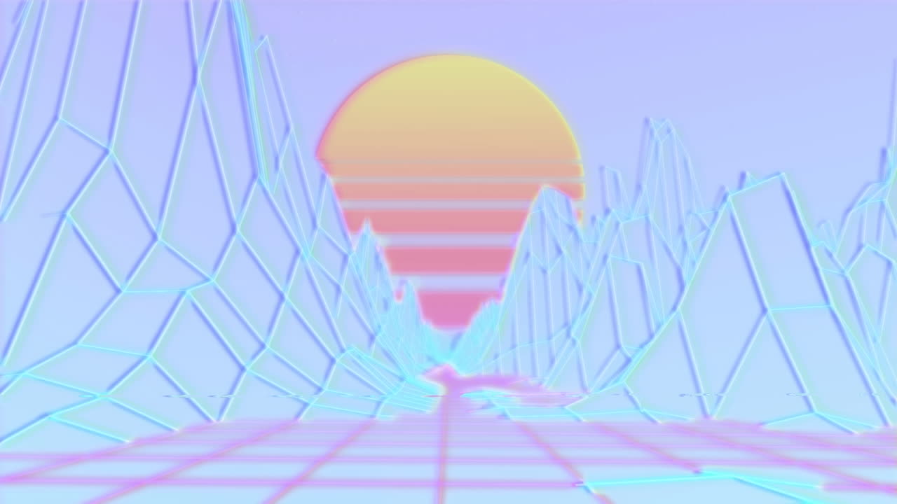 디지털 산과 푸른 배경에 태양의 애니메이션.