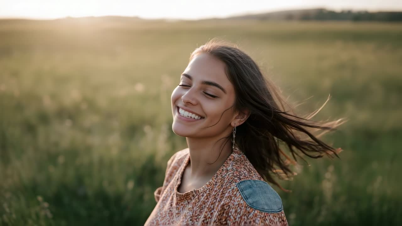 Mulher sorridente com remendo de ganga e brincos num prado, o vento a levantar-lhe o cabelo, a câmara a recuar, banhada pelo sol.