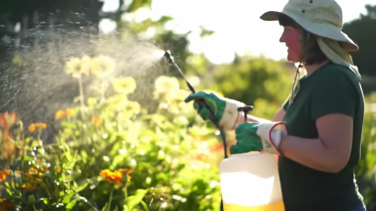 A Gardener Spraying Plants with Care in a Flourishing Flower Bed Under Bright Sunlight, Enhancing Growth and Vibrancy of the Garden Landscape