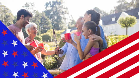 animation of family celebrating and smiling over american flag