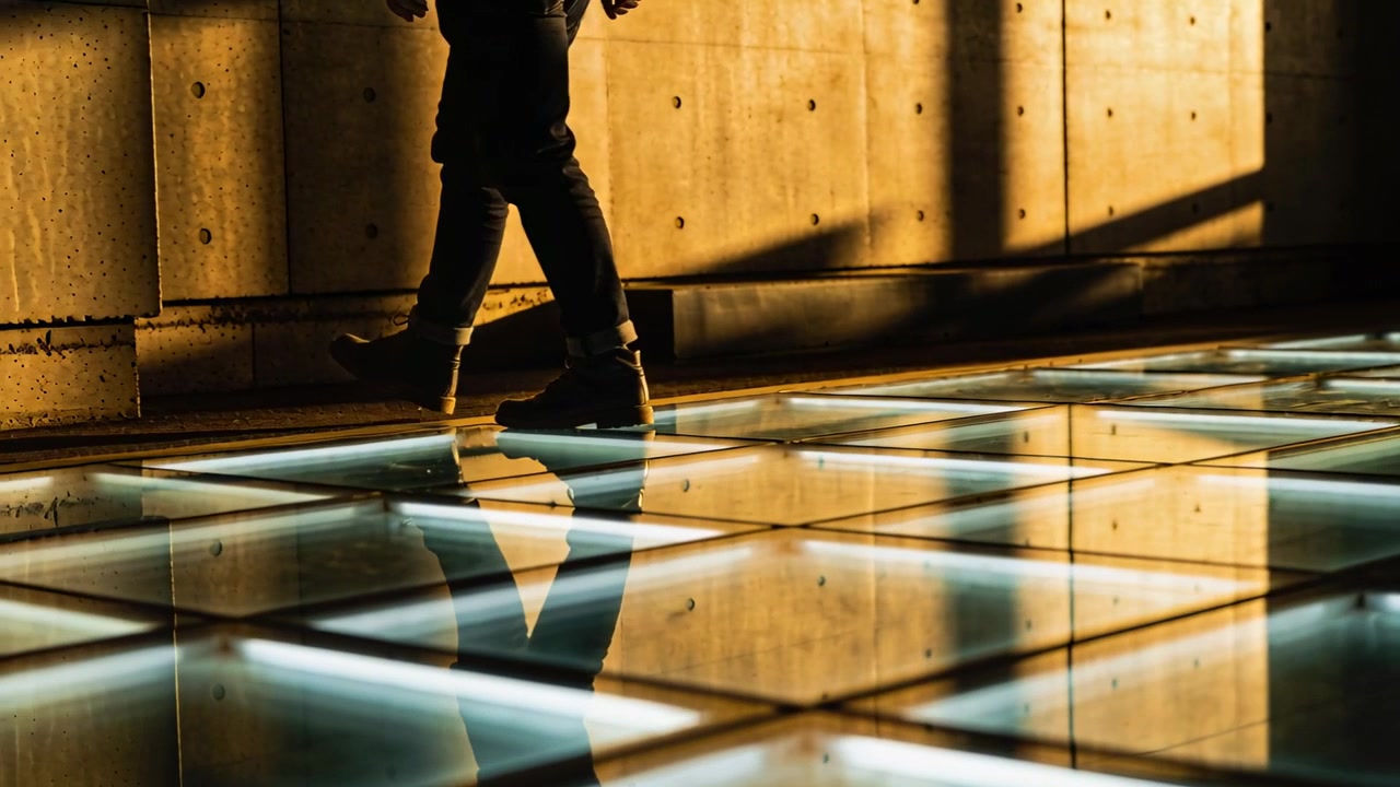 Uomo che cammina, entra da sinistra, indossa jeans scuri e stivali, attraversa un pavimento di vetro illuminato che riflette l'ombra.