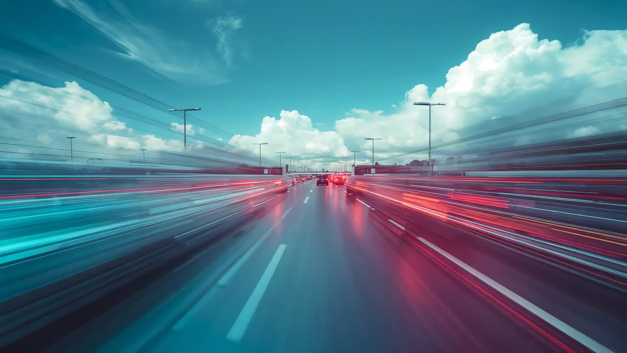 Driving dark car slowing on highway due to traffic as camera closing distance, taillights streaking
