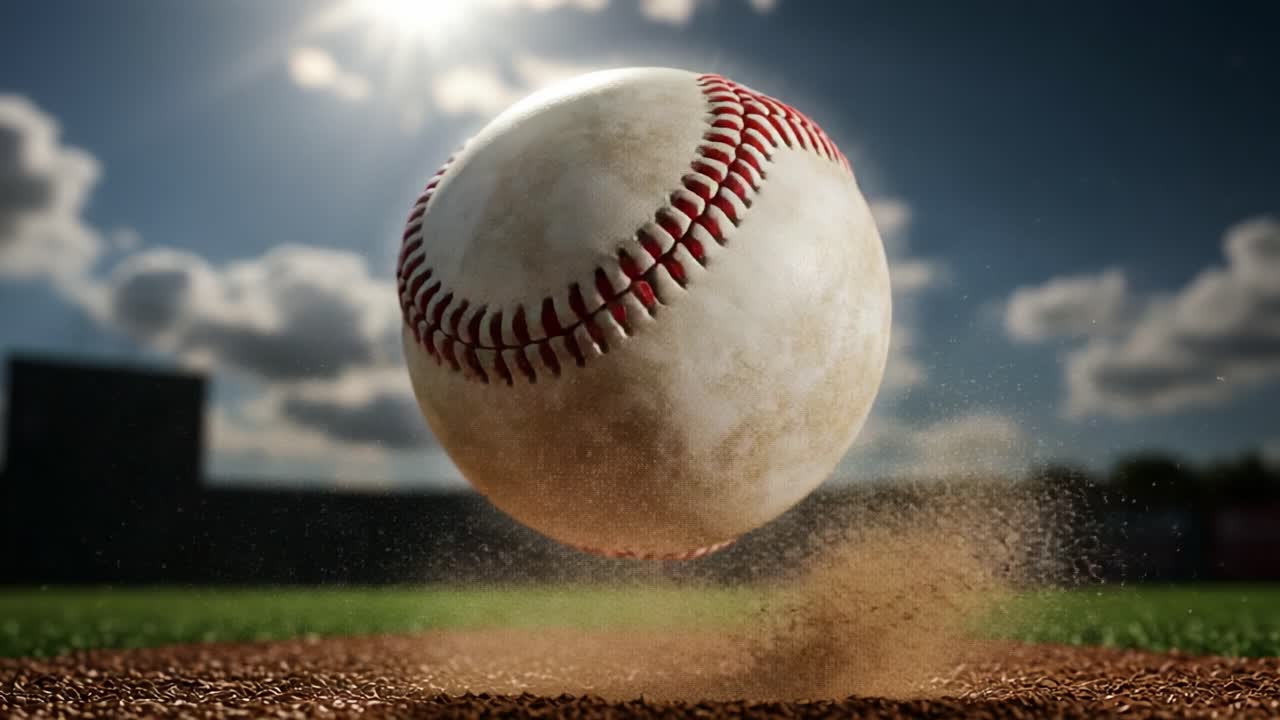 Un primo piano dinamico di una palla da baseball sospesa in aria, che cattura l'essenza del gioco con uno sfondo splendidamente illuminato ed effetti di movimento drammatici.