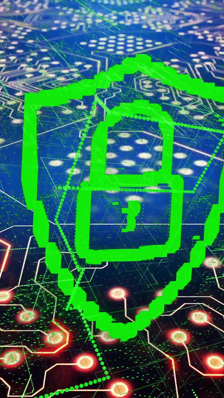 Green lock and shield animation over circuit board background