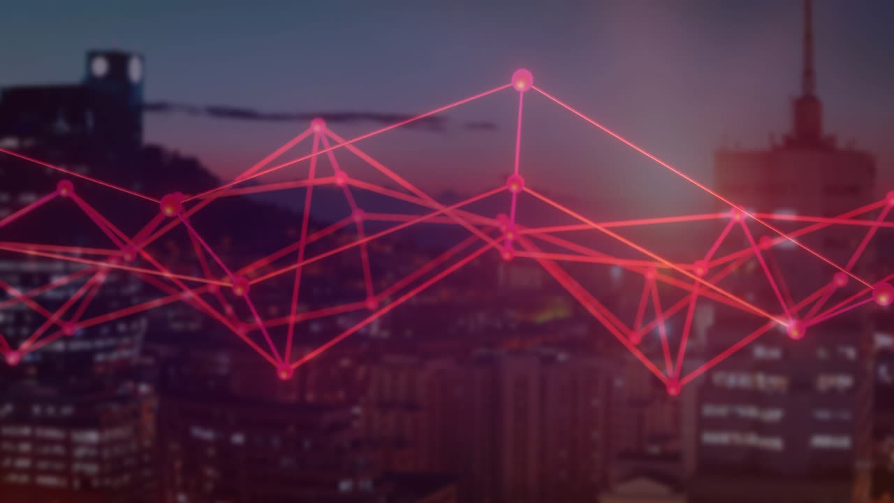 Faint red network fading into view dusk skyline pulsing connecting lines rerouting balancing nodes