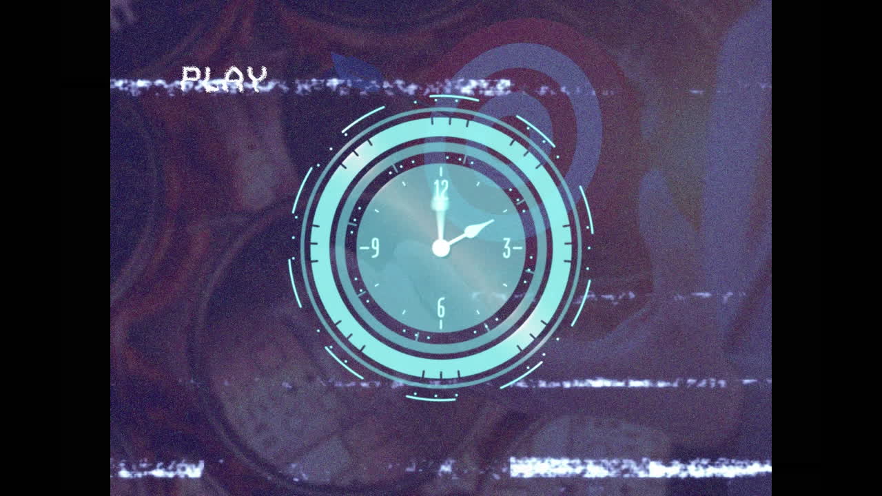 Animation of vhs glitch effect over neon ticking clock against black background