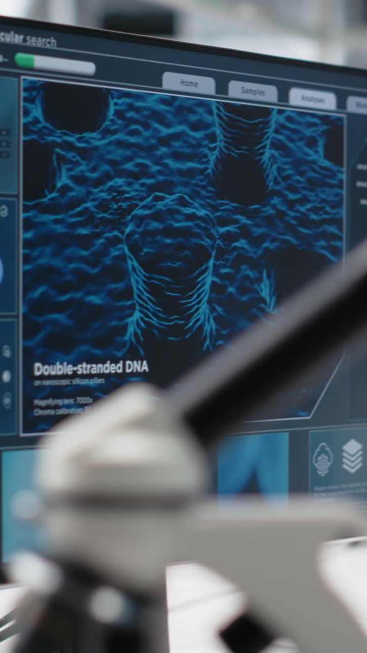 Vertical video Scientific gear in research facility used for experiments, zoom in on microscope