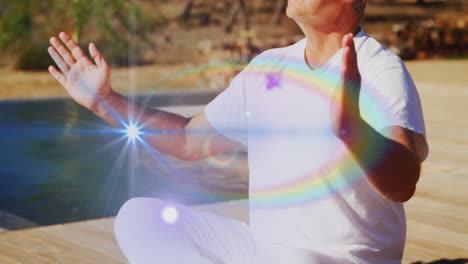 mature man meditating poolside, showcasing health technology with digital lens-flare energy effect