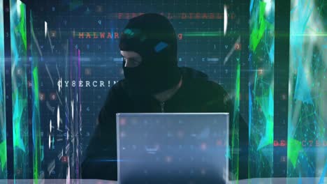 data processing, multiple screens showing colourful webs of connections over caucasian hacker wearin