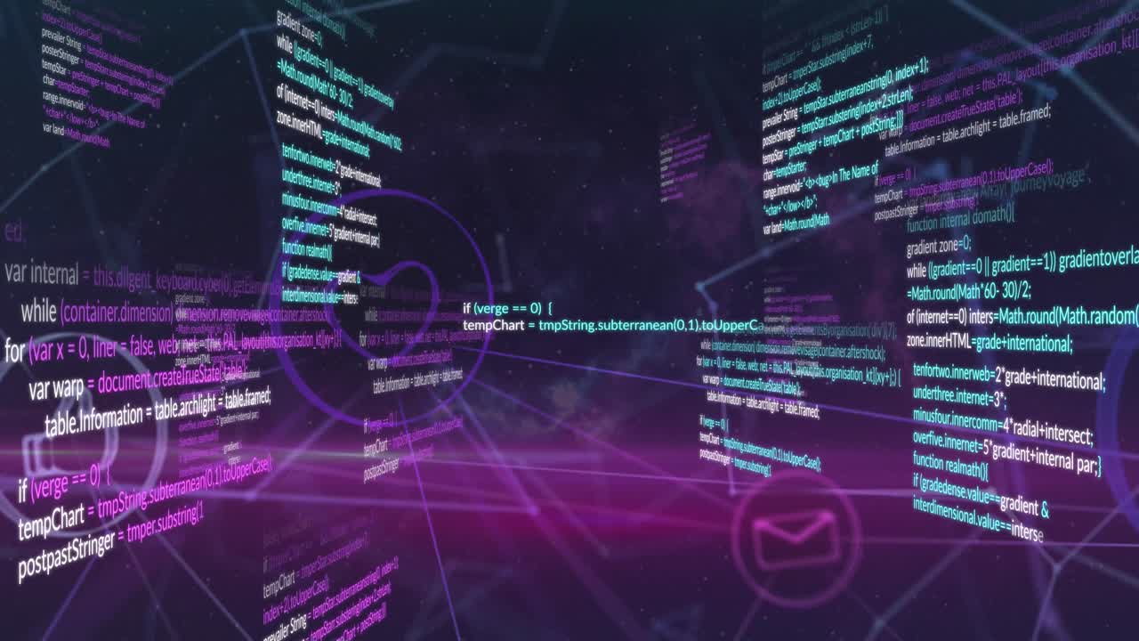 animatie van veelkleurige computertaal en meerdere verbonden iconen op een zwarte achtergrond