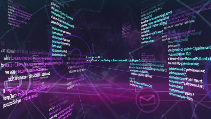 Animation of multicolored computer language and multiple connected icons over black background