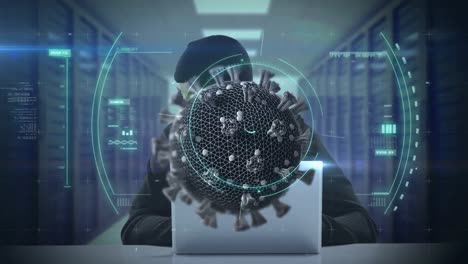 animación de la célula macro covid19 sobre un hombre que lleva una balaclava, usando una computadora portátil