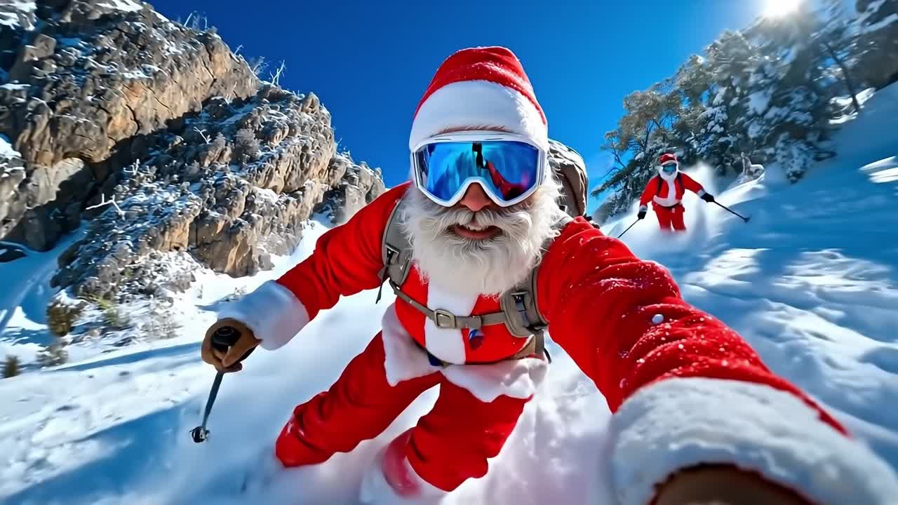 A man dressed as Santa Claus skiing down a snowy mountain slope