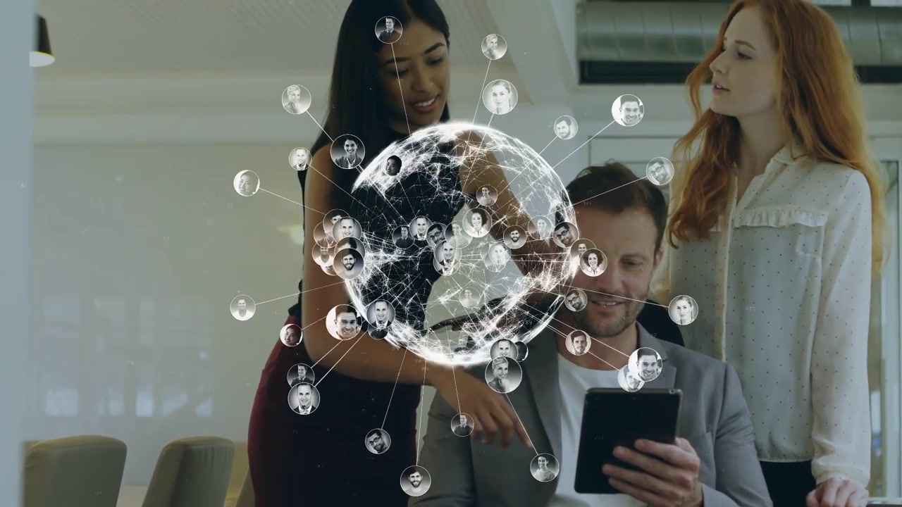 Team tapping tablet and pointing, causing tech globe expanding portrait nodes over group for deck