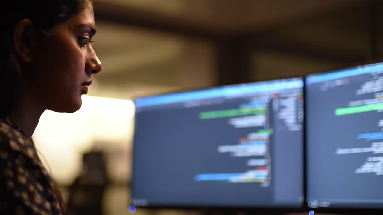 Focused on Code: A Woman Deep in Thought While Programming at Her Dual Monitor Setup in a Dimly Lit Environment, Highlighting the Art of Software Development