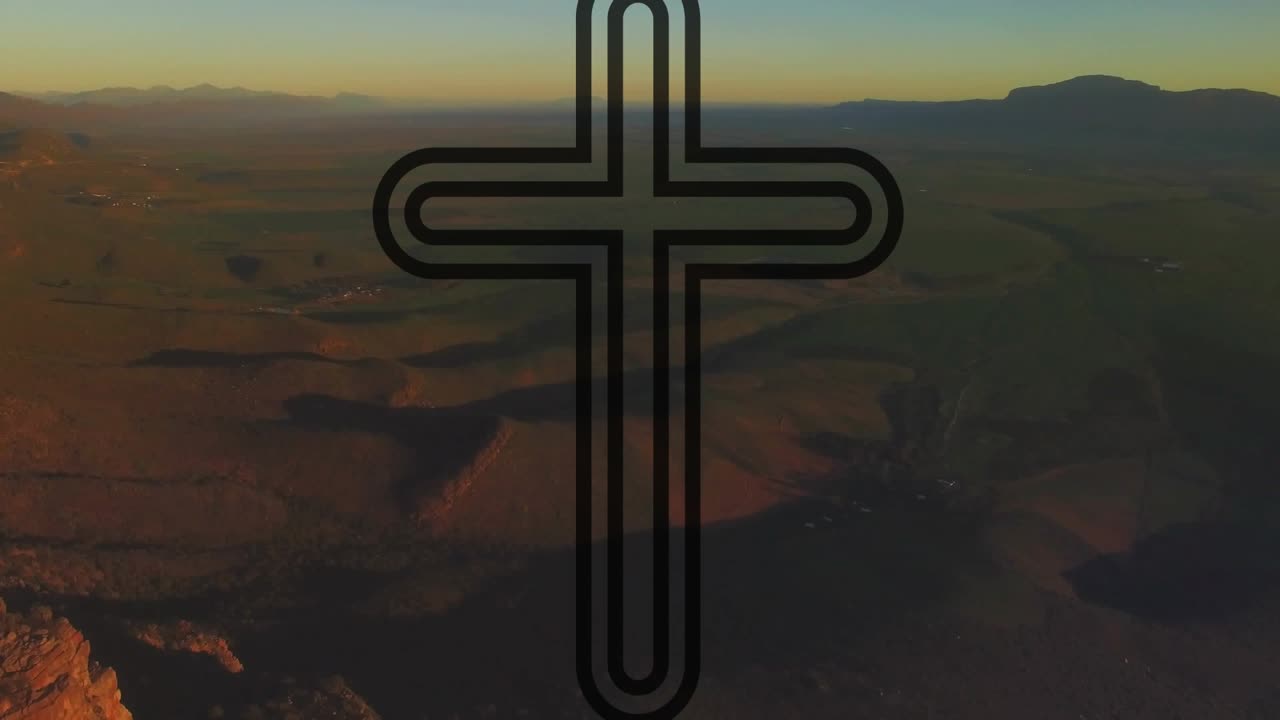 Camera pulling back and panning, cross staying centered, showing cliff warming, highlighting layout